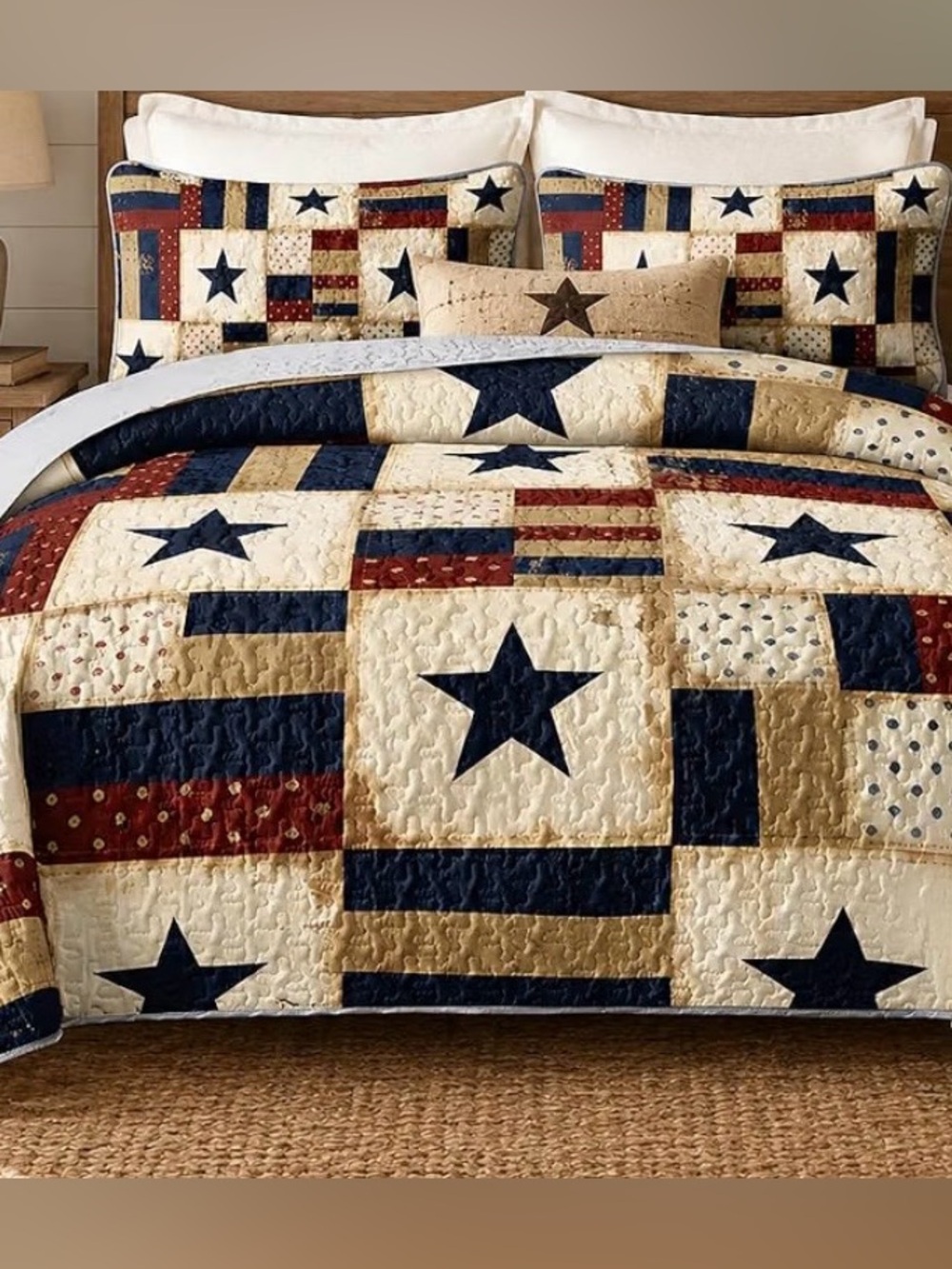 Patriotic Star Patchwork Quilt Set - Navy, Red & Cream
